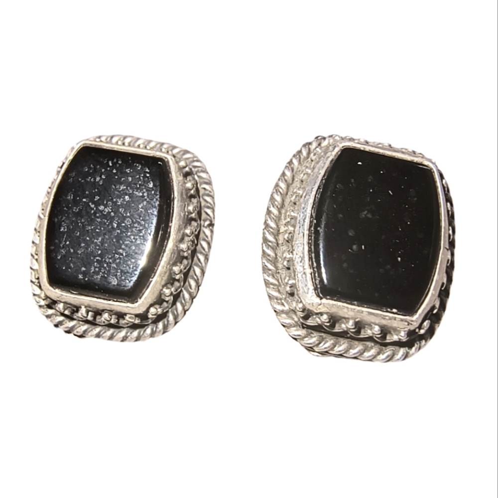 Vintage Signed Native American Onyx & Sterling Silver Clip-on Earrings